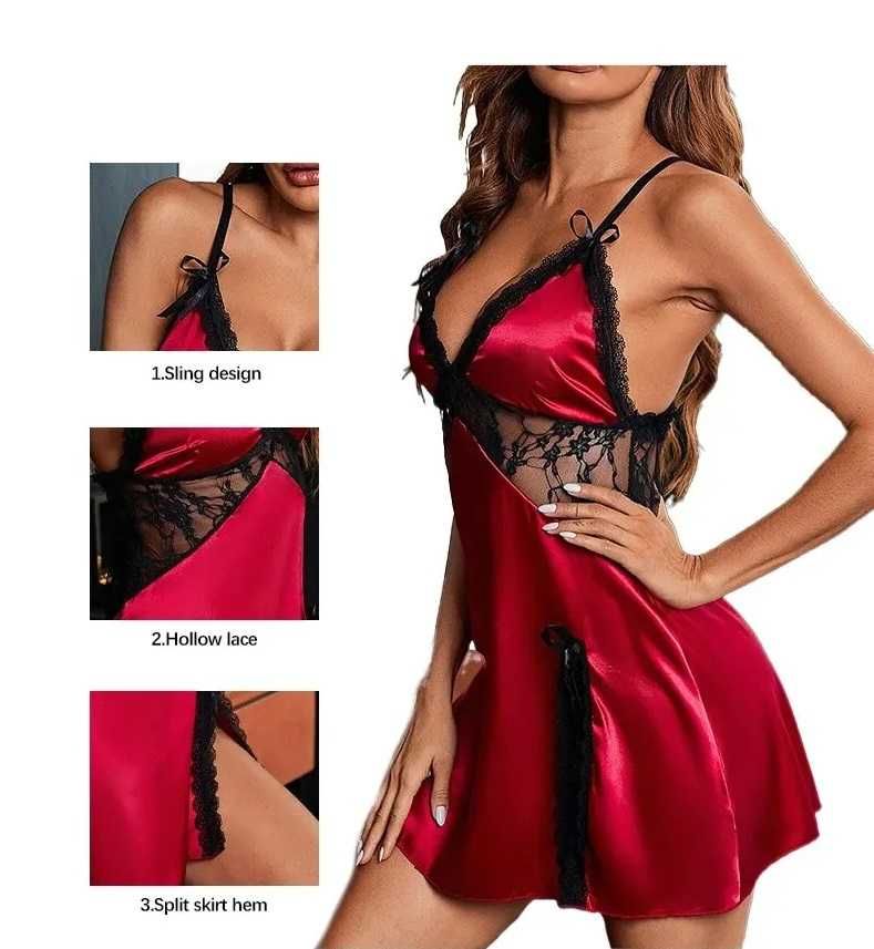 koronkowa patchworkowa satynowa Slim Fit damska piżam czerwona XL