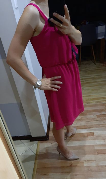 Różowa sukienka rozmiar S M 36 38 czarna wstążką