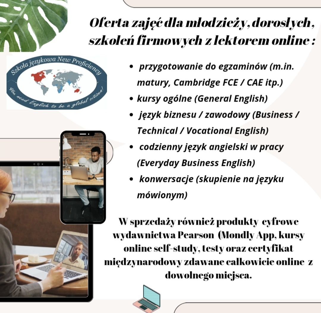 Kursy/szkolenia/nauka języka angielskiego z lektorem online.