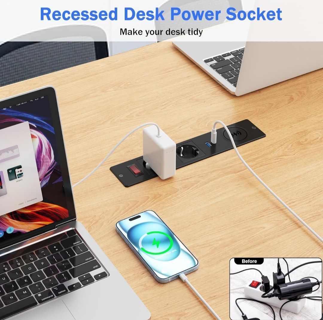Listwa zasilająca do zabudowy z USB i bezprzewodowym ładowaniem 15 W,