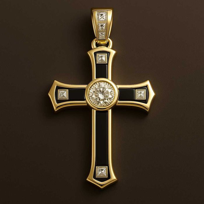 Męski krzyżyk złoty 585 z brylantami i onyksem lapis lazuli Design