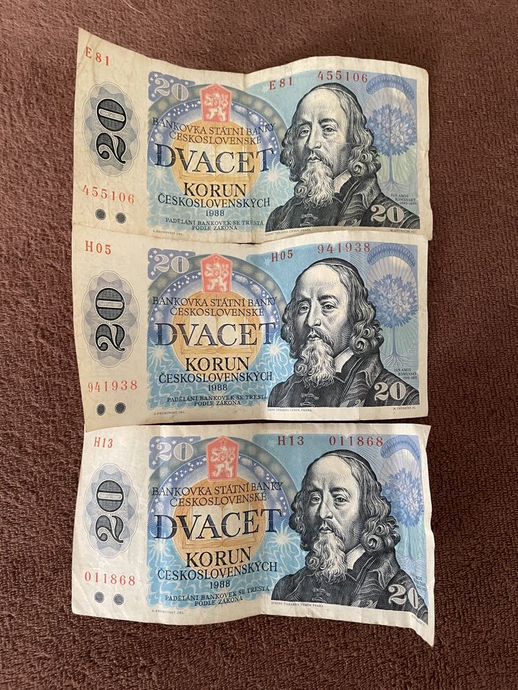 3x stare czechosłowackie banknoty 20 koron