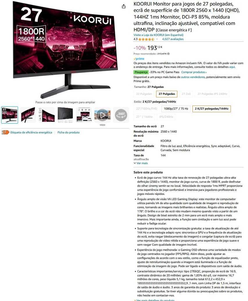 KOORUI Monitor para jogos de 27 polegadas, 2560 x 1440 (QHD), 144HZ