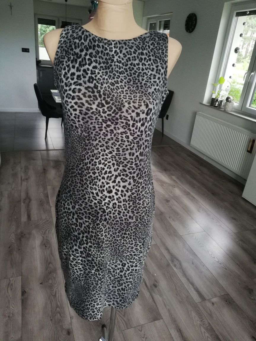 R. M Zara mięciutka ciepła dzianinowa sukienka w panterkę leopard szar
