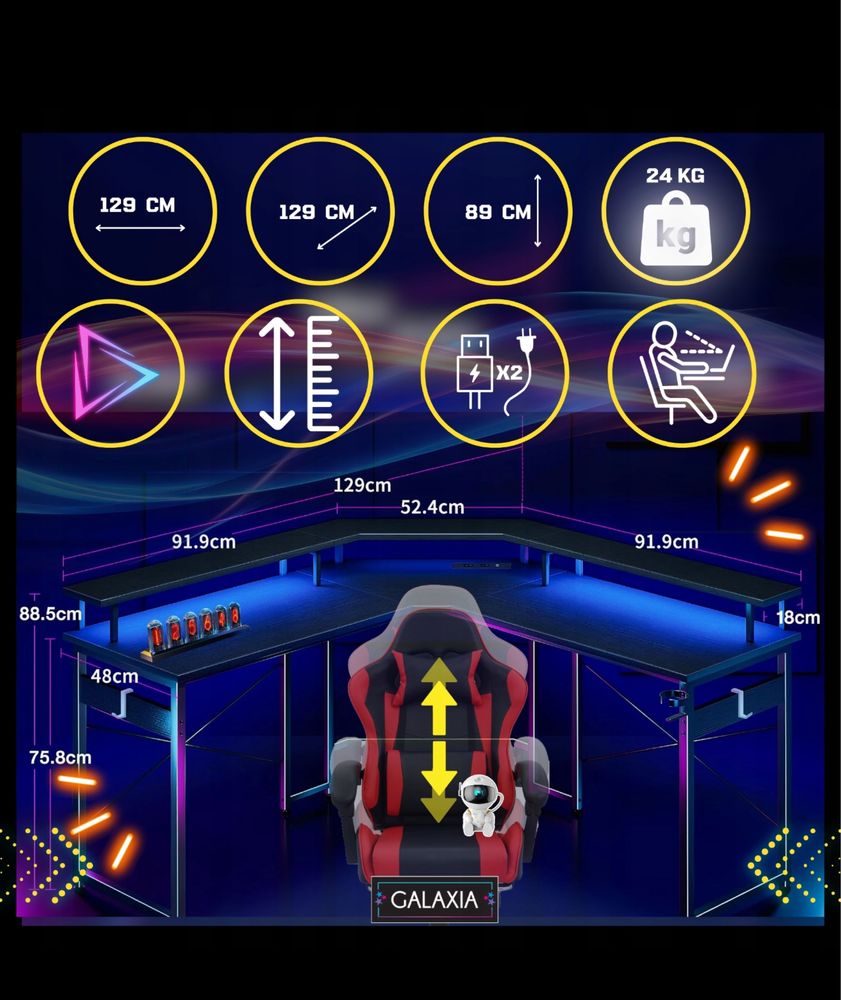 Biurko gamingowe narozne listwa usb led + 2 podkladki steelseries