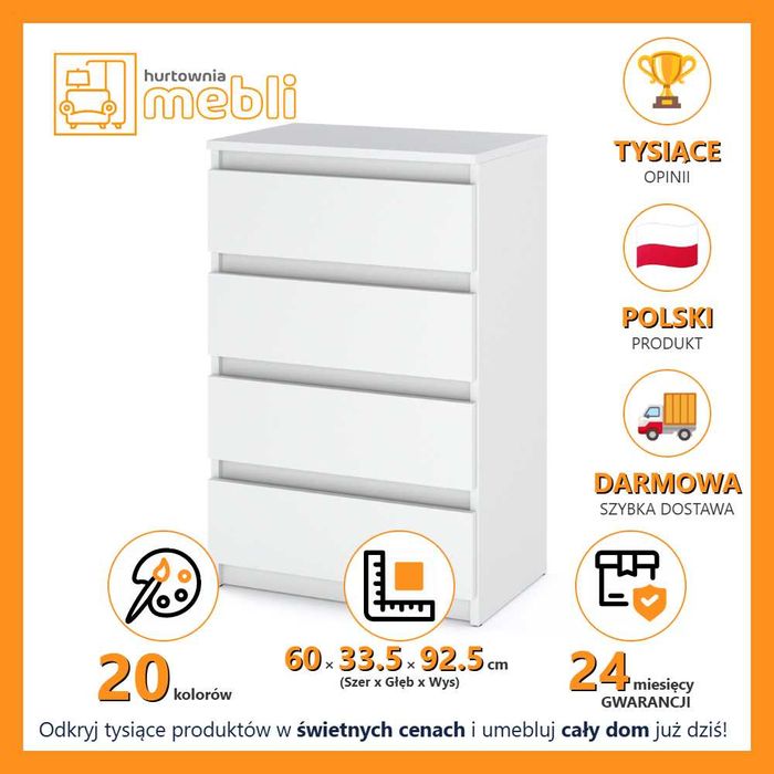 Komoda Biała Do Salonu 60cm Szafka Mała Nowoczesna 4 Szuflady Pojemna