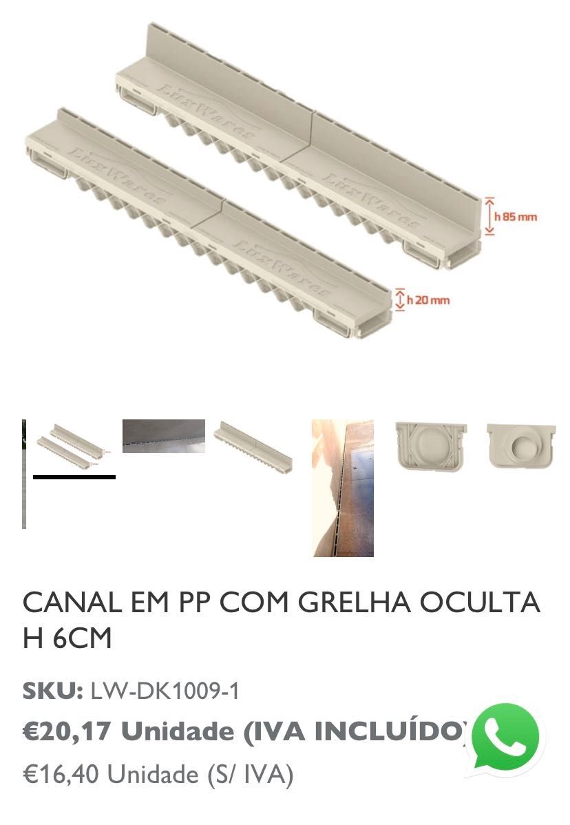 Calhas de pavimento em Polipropileno grelha oculta 2cm, 100x13x6cm