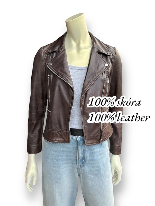 Brązowa skórzana kurtka, ramoneska Mango, 100% skóra owcza, rozmiar M