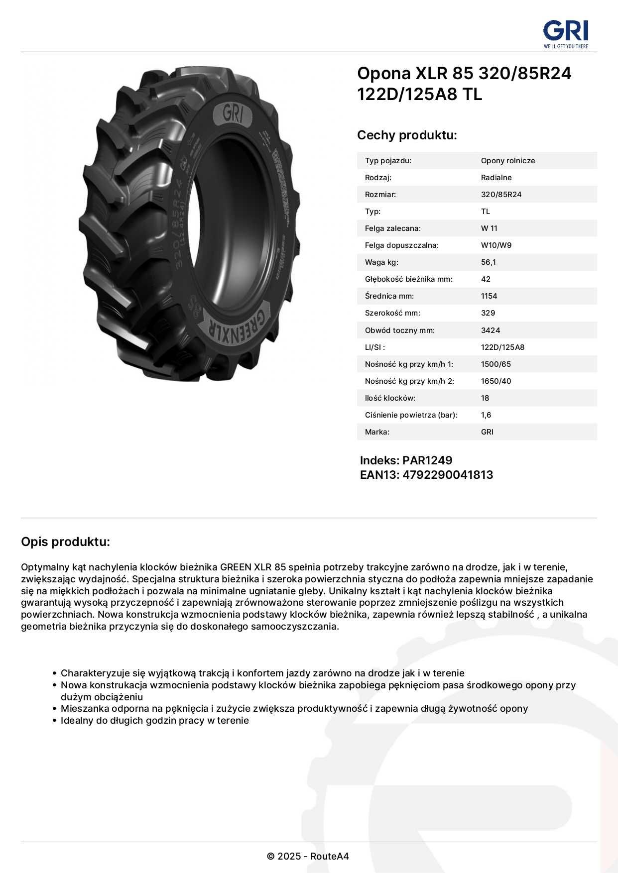 NOWE Opony 320/85R24 XLR85  GRI Naturalny KAUCZUK - cena BRUTTO