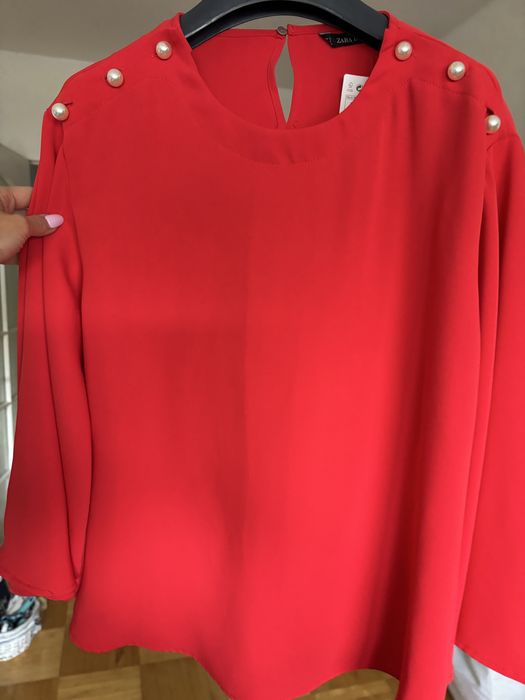 Zara basic czerwona koszula szyfonowa szyfon tiul perly perelki 36 38