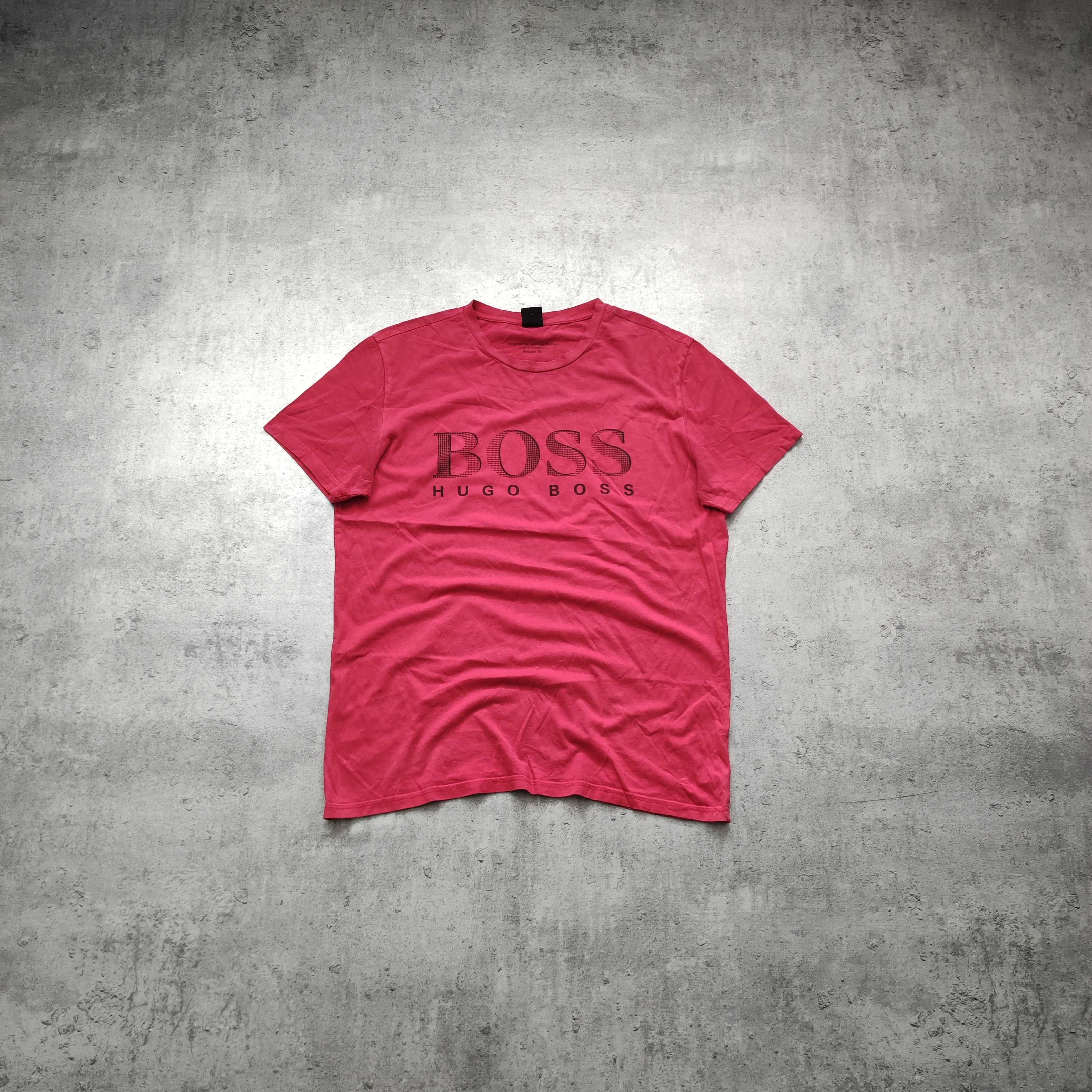 MĘSKA PREMIUM Koszulka Bawełna Duże Logo Hugo Boss Nadruk Różowa