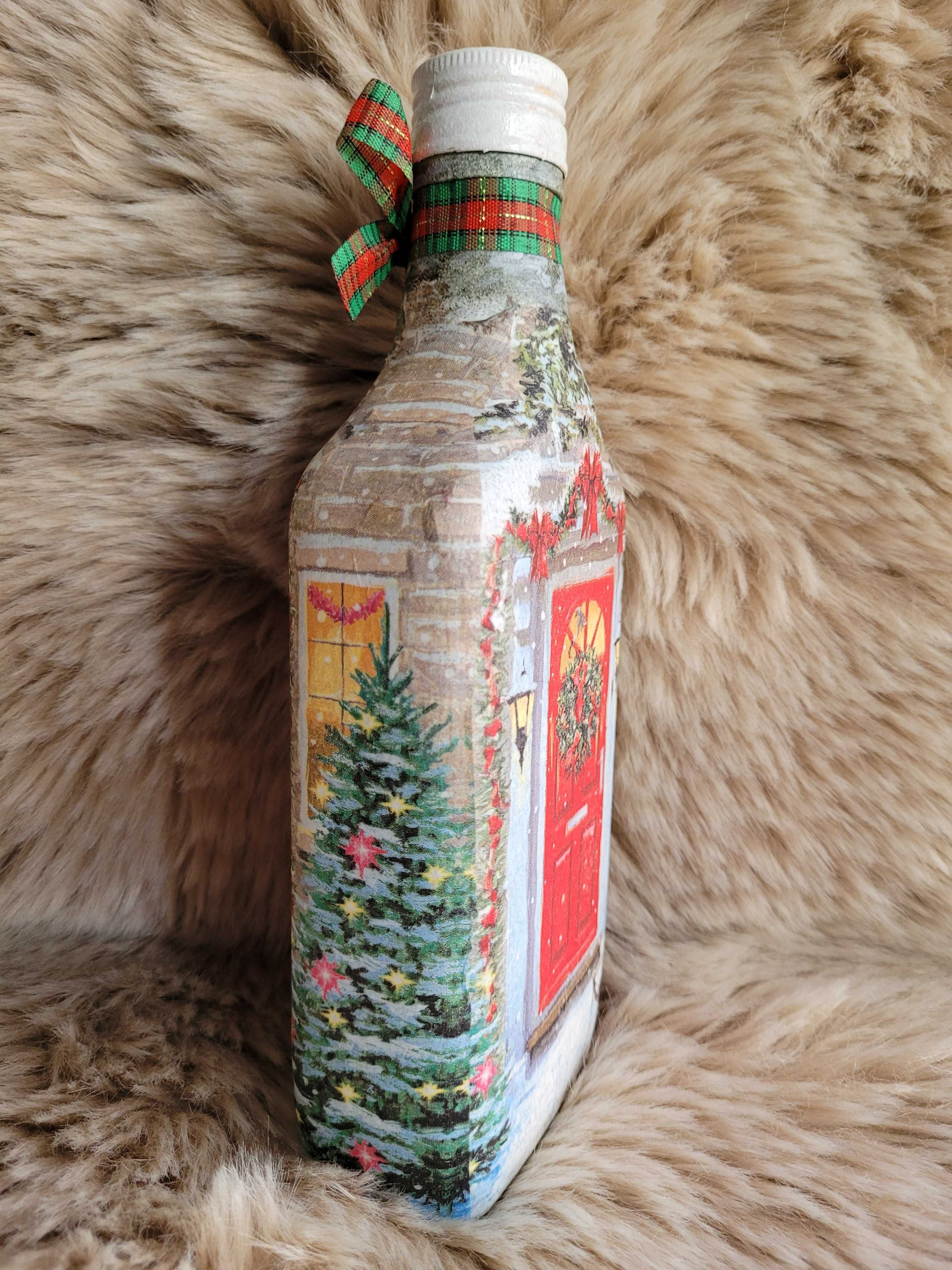 Szklana butelka - motyw świąteczny - dekoracja decoupage