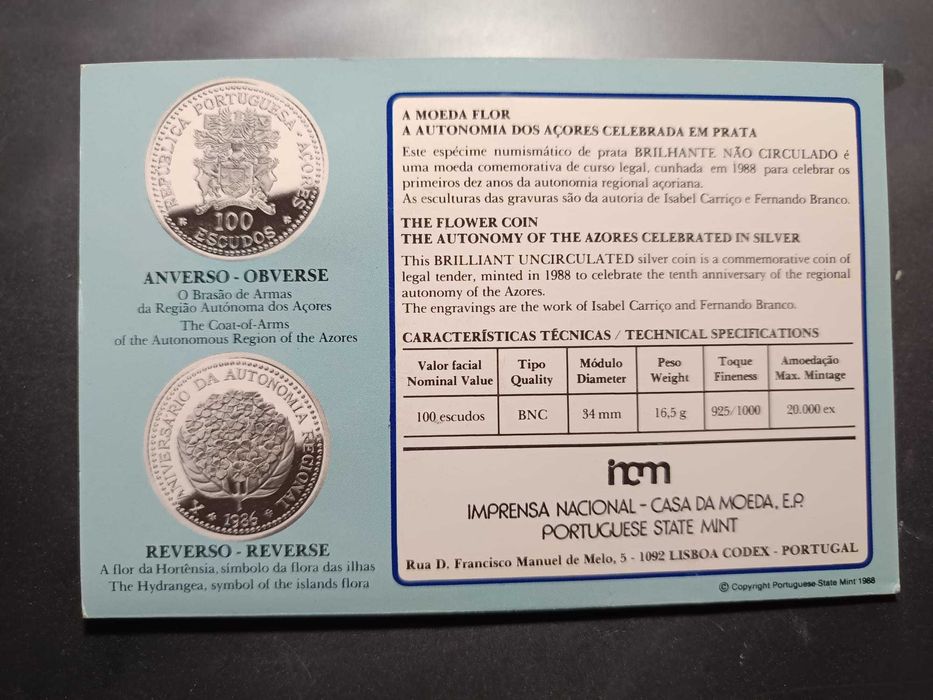 1986 – Prata BNC – 10º Aniversário da Autonomia Regional dos Açores