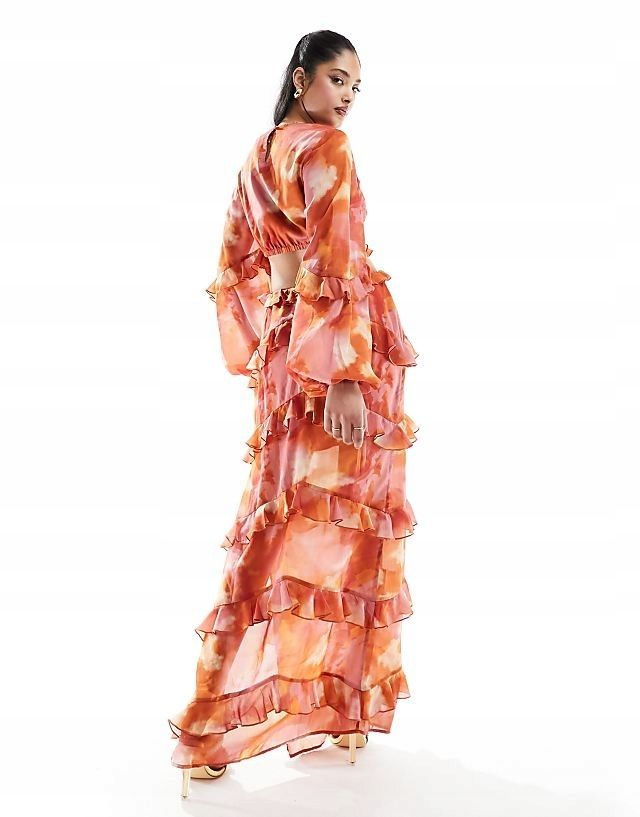 Pretty Lavish 38 M Sukienka Z Falbankami Maxi Abstract H15138