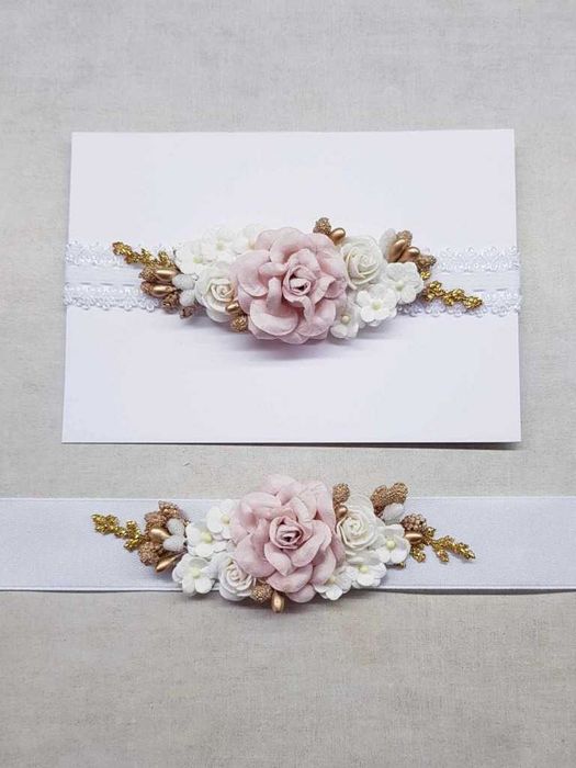 Zestaw koronkowa opaska wianek oraz pasek do sukienki chrzest urodziny