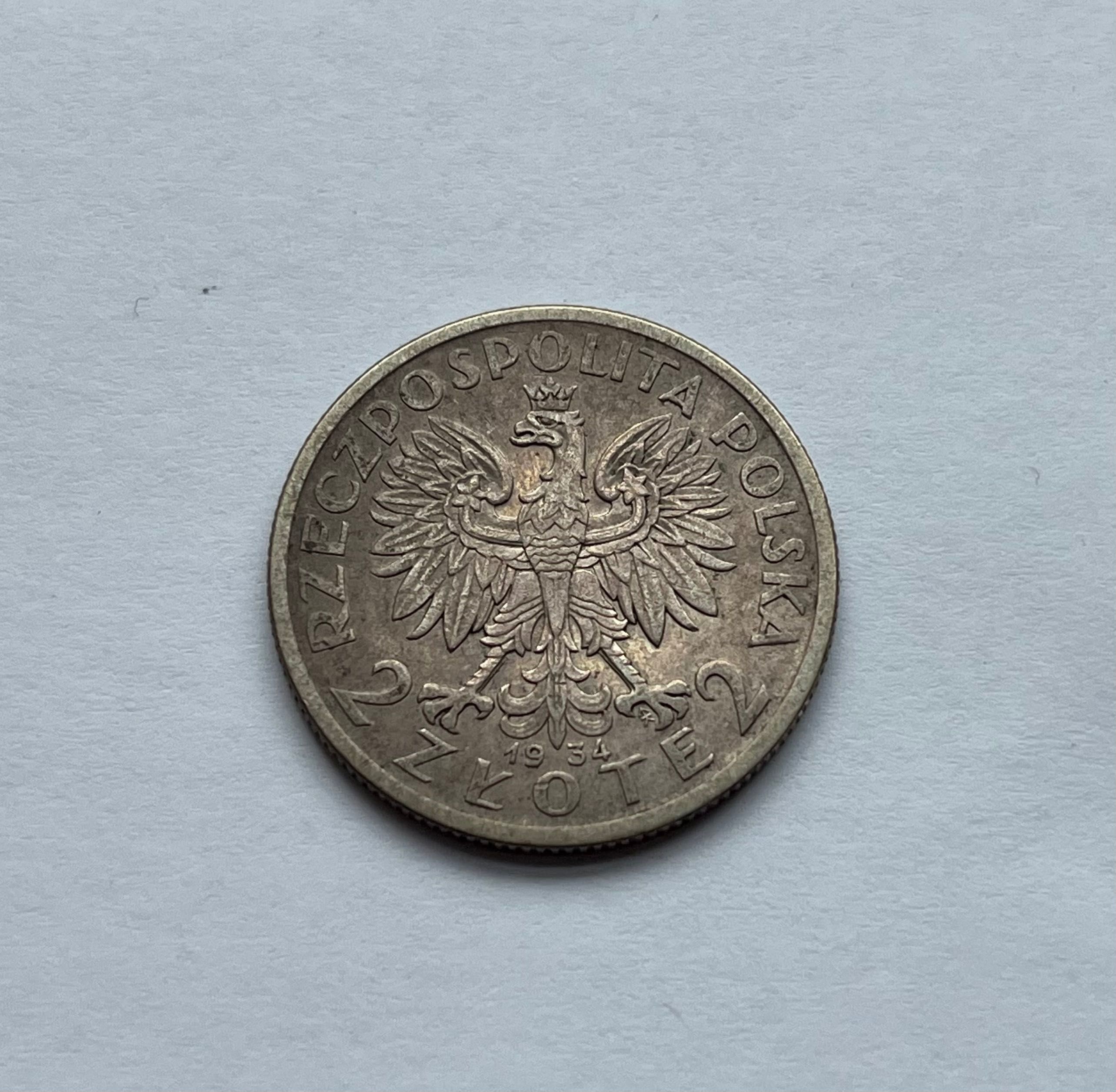 Moneta srebrna II RP 2 złote Polonia z 1934r. Ładna