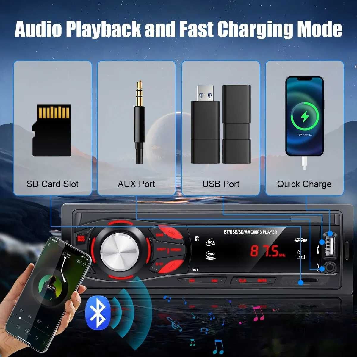 Radio Auto 1 Din ,  Bluetooth Mãos Livres,