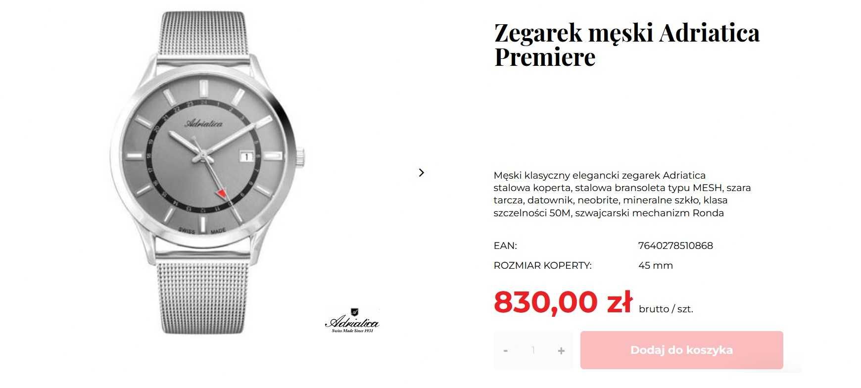 Zegarek Adriatica Premiere GMT Datownik 2 Strefy Czasowe Swiss Komplet