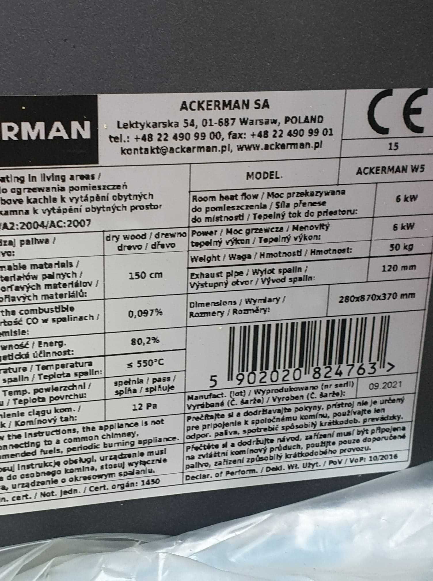 Piec kominek Ackerman W5 6 KW