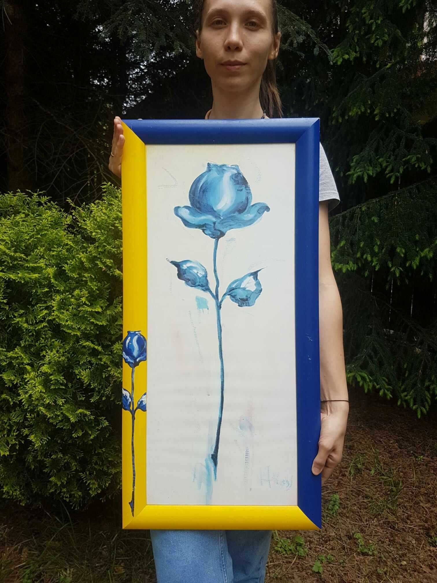 Obraz reprodukcja nowoczesna RÓŻA żółto niebieska za szybą 38X78 cm