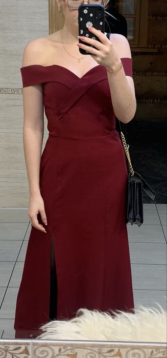 Bordowa sukienka maxi S M wieczorowa na wesele