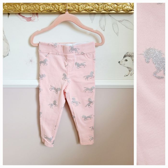 Ocieplane spodnie 98 legginsy w srebrne brokatowe konie jednorożce