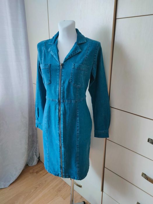 John Baner NOWA niebieska sukienka jeansowa 40 L ołówkowa długi rękaw