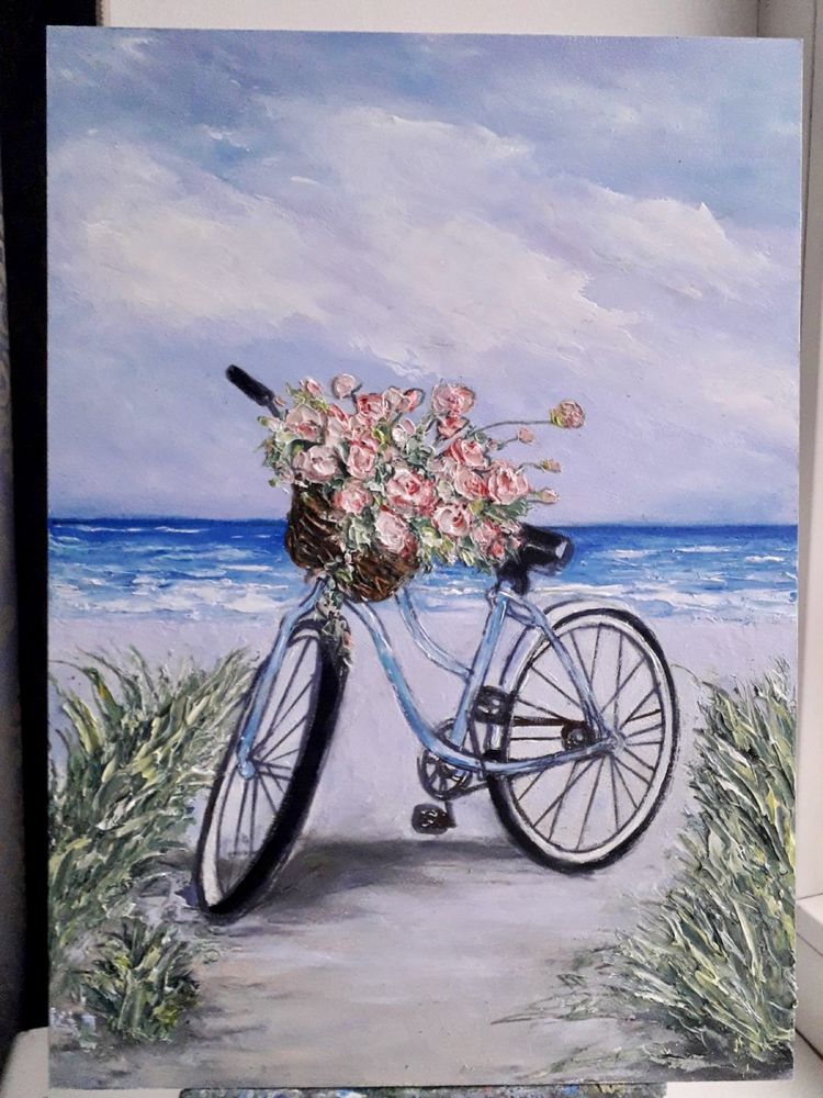 Картина «Велосипед у моря» живопись, масляные краски.