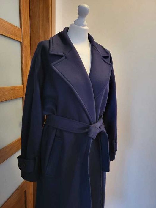 Płaszcz Zara granatowy wełna Manteco wełniany wiązany z paskiem rozm L