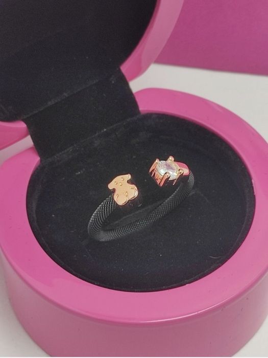 Pierścionek 16 z misiem różowe i ciemne srebro vermeil 925