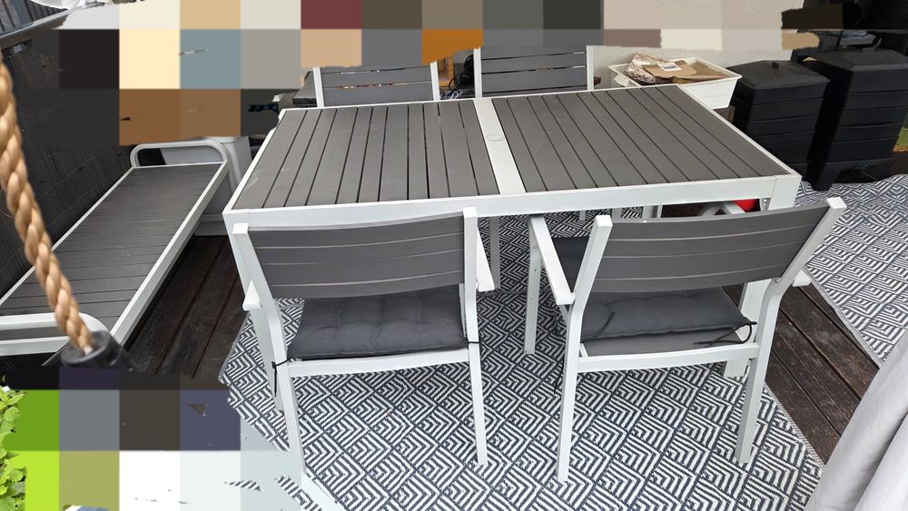 Stół + 4 krzesła + ławka + poduszki zestaw Sjalland