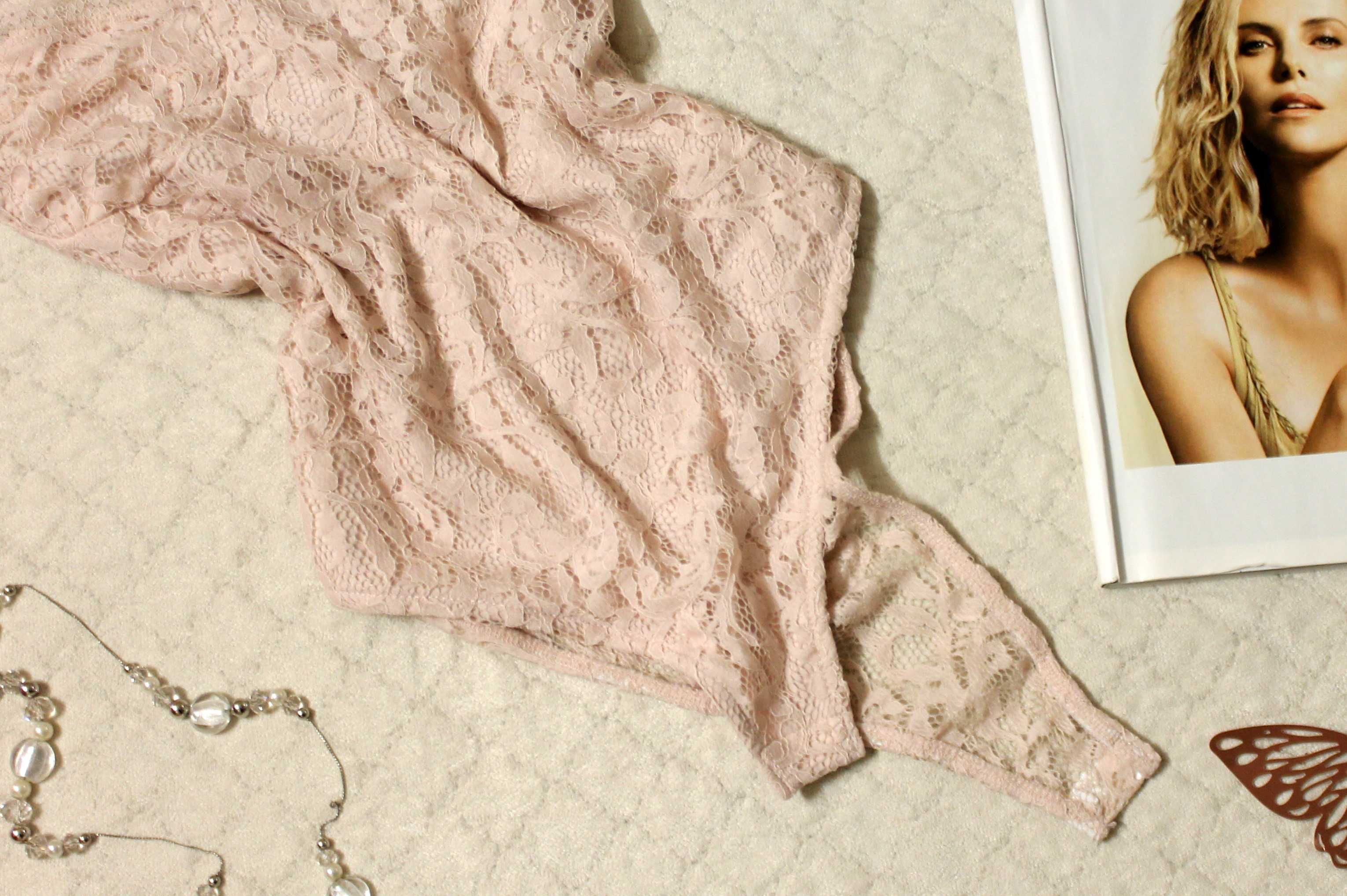 Primark Brzoskwiniowe Body Na Ramiączkach Koronkowe Ażurowe XS/M
