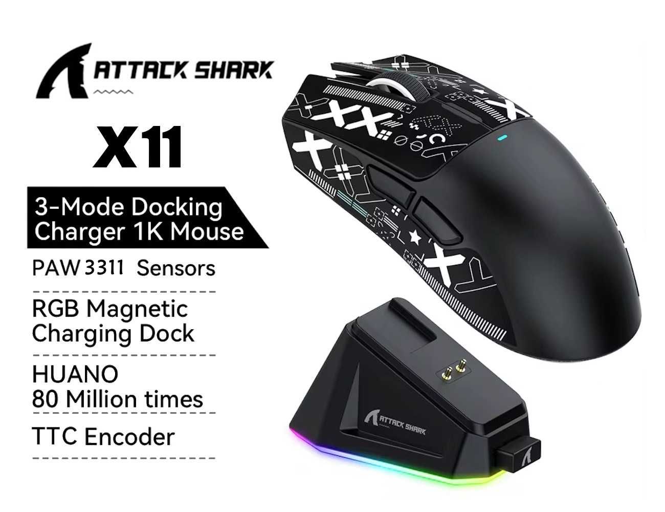 Игровая мышь Attack Shark X11 PAW3311 с зарядной базой Bluetooth Black