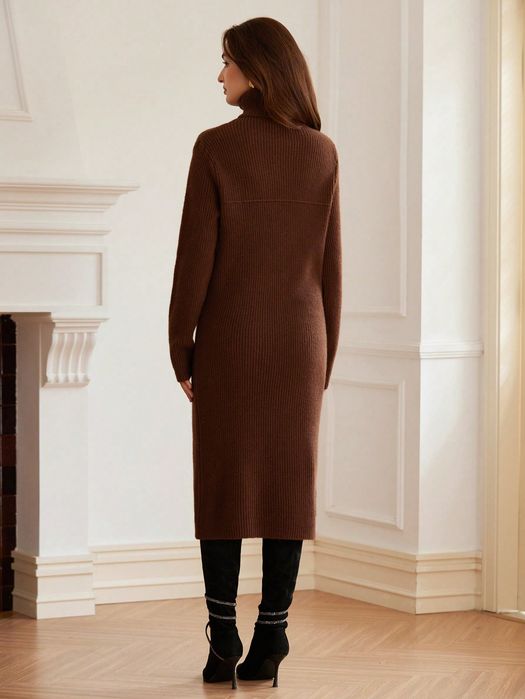 Sukienka Dzianinowa Midi Sweterkowa Z Golfem Brązowa Casual Shein S