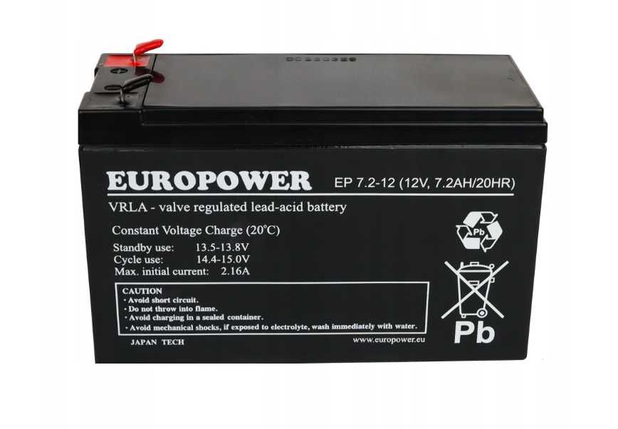 Akumulator EUROPOWER seria EP 7,2Ah/12V pod alarm