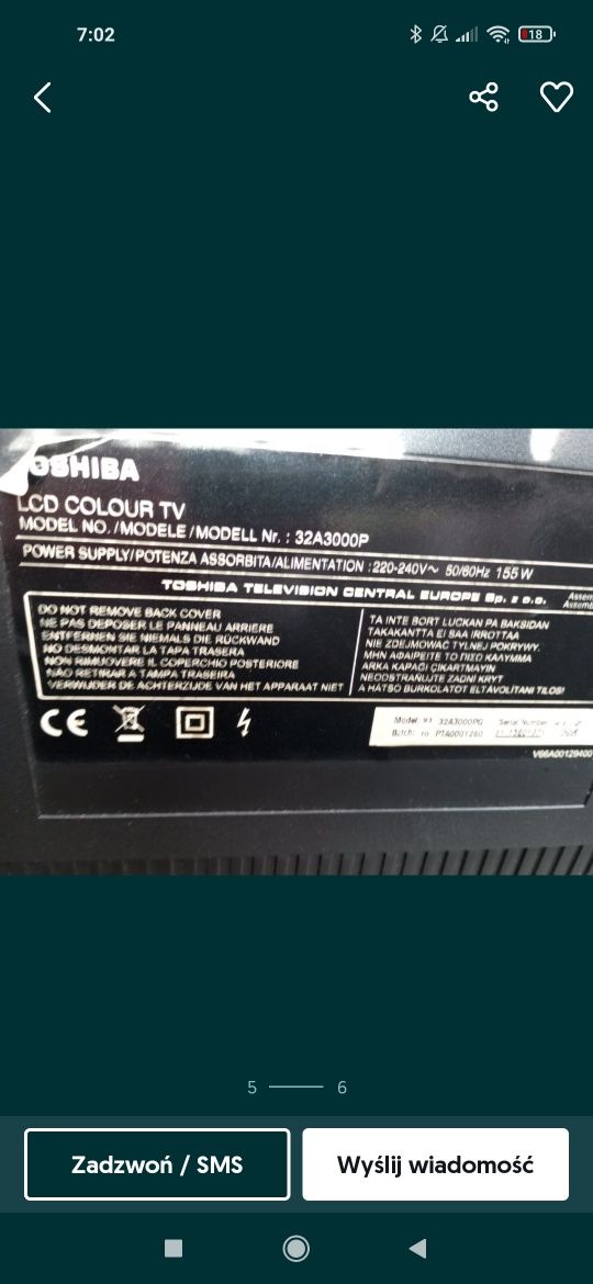 Sprzedam telewizor Toshiba 32Cale