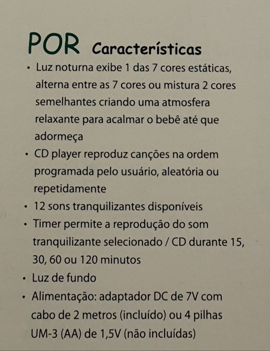 Leitor CD com Músicas e Luzes Tranquilizantes para Bebés