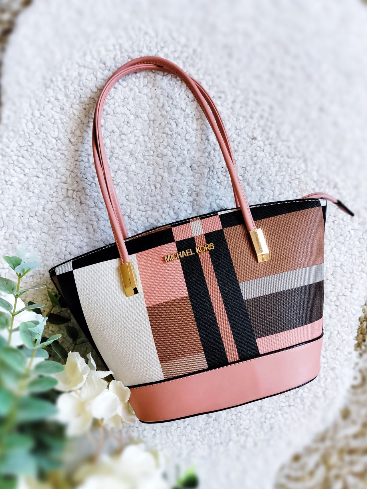 Torebka w kratę na ramię shopperka Michael Kors