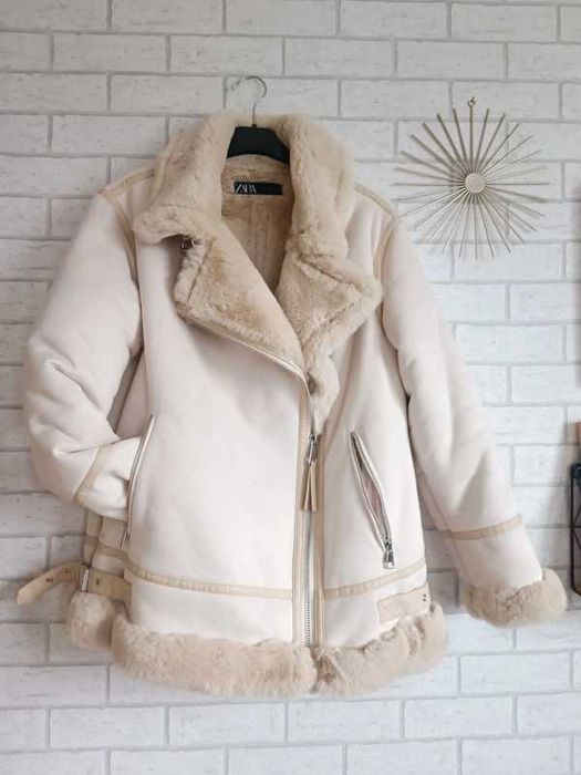 Płaszczyk futerko futro bosmanka Zara S kożuszek kremowy beżowy ecru