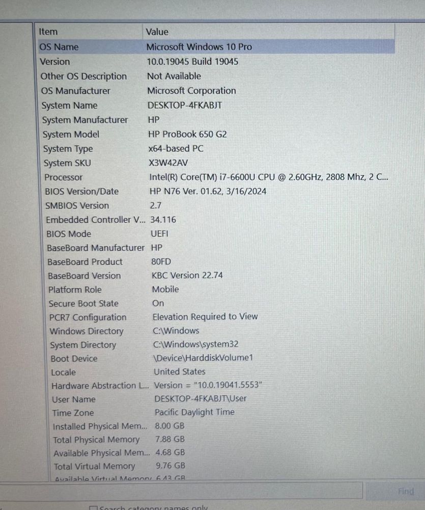 Pc portatil HP i7, 8gb, 256gb ssd, Windows Pro