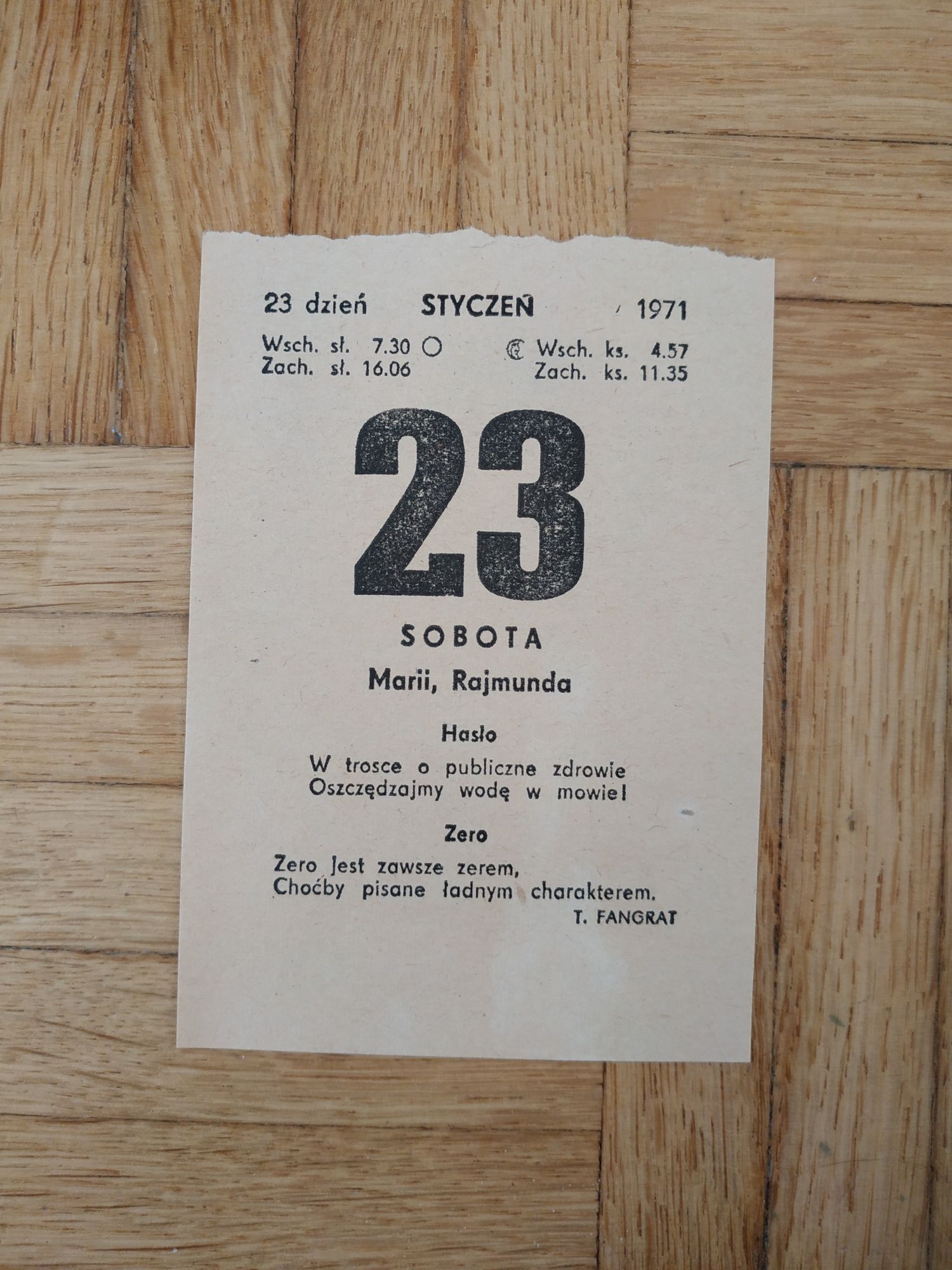 Kartka z kalendarza, 23 stycznia 1971, 23.01.1971, oryginalna pamiątka