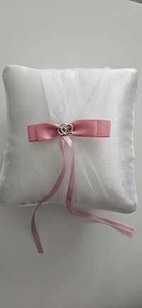 Poduszka na obrączki ślubne ok. 20x19 cm biała z różową wstążką