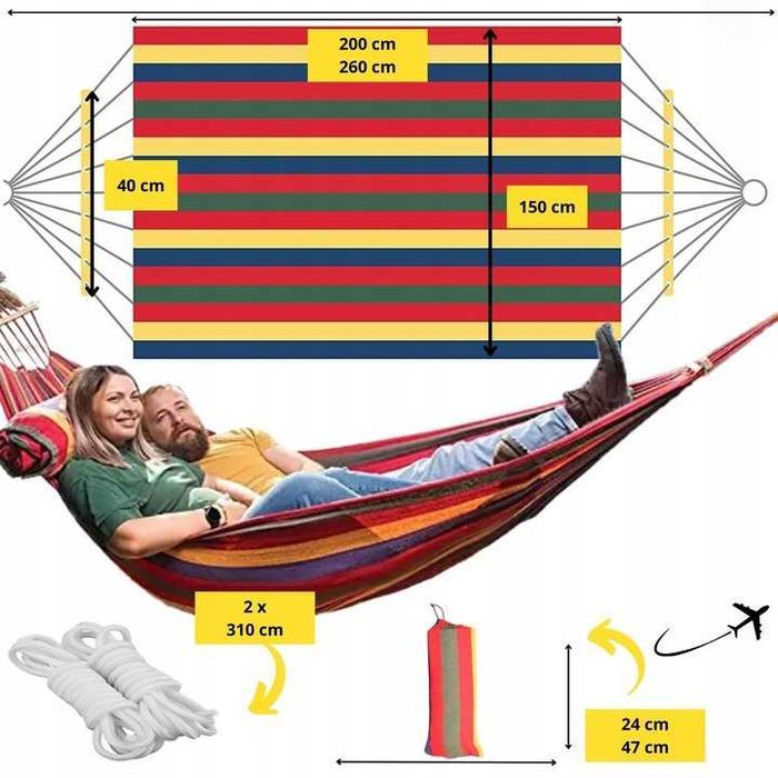 Hamak Ogrodowy Duży Turystyczny Dwuosobowy z Drążkiem XXL 260x150