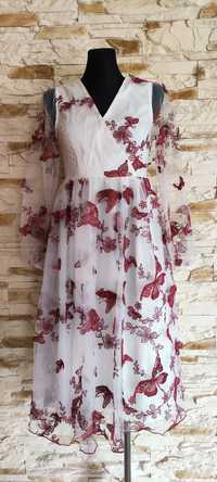 Sukienka biała tiulowa z bordowymi motylami na wesele, lato, rozmiar S