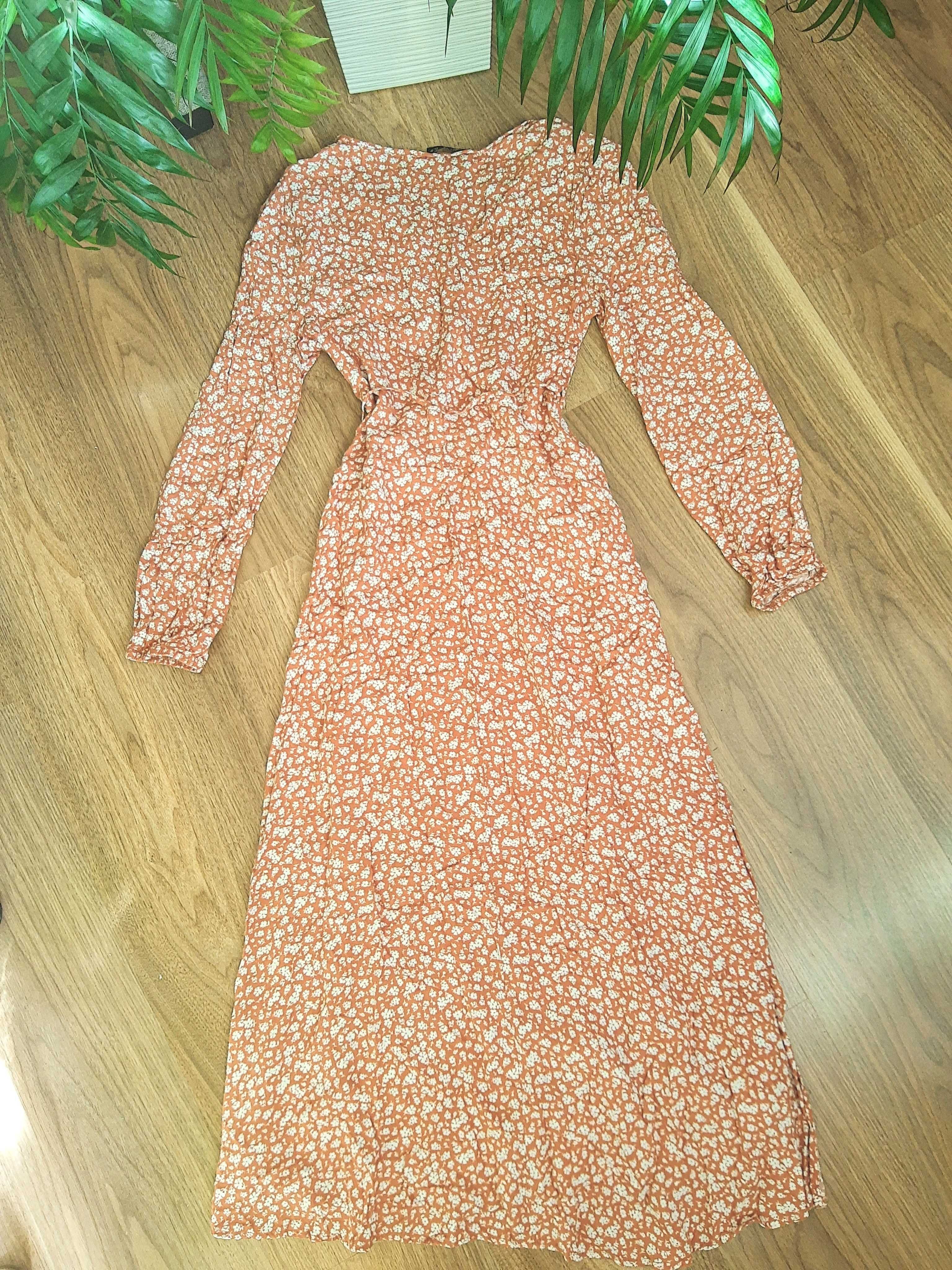 Kopertowa cynamonowa sukienka XS midi w kwiaty długi rękaw