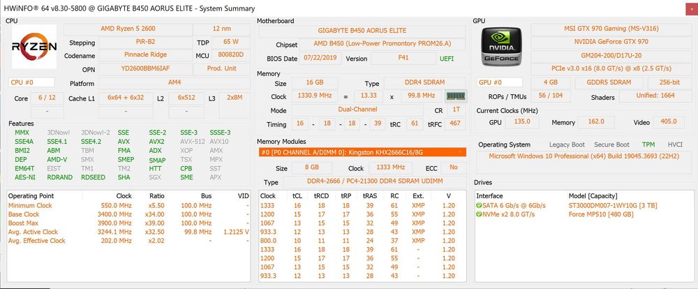 PC GTX970 4GB, Ryzen 5 2600, 16 GB 2666, SSD 480GB + HDD 3TB + Win10