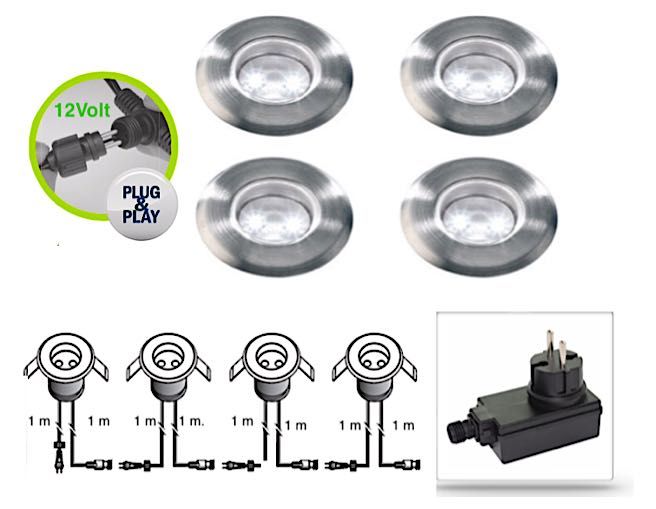 Komplet oświetlenia led 12 Volt 4 oprawy 0,3w IP68, kable, zasilacz.