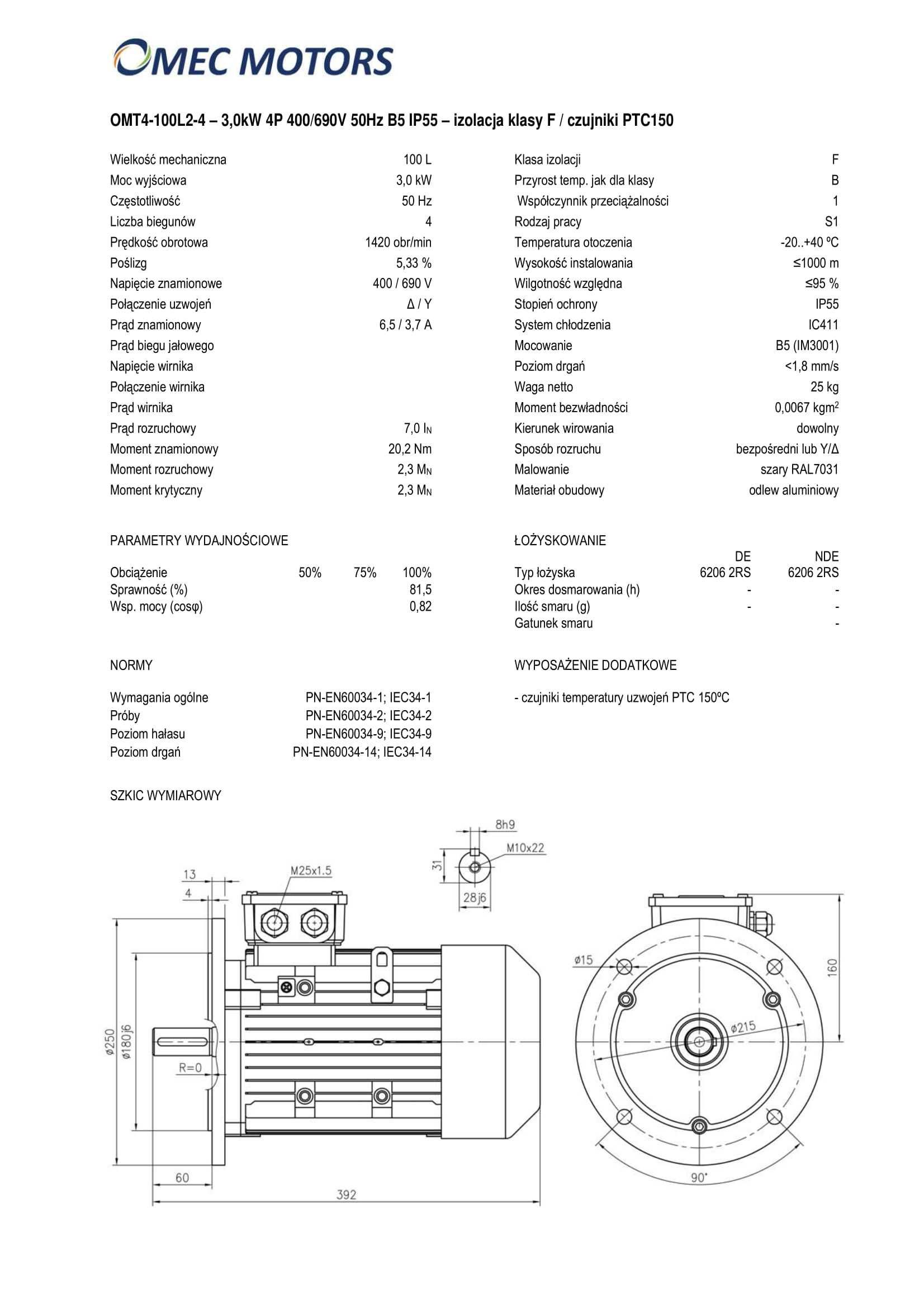 silnik elektryczny 3kW 1400obr. 3fazowy 100B5 OMT