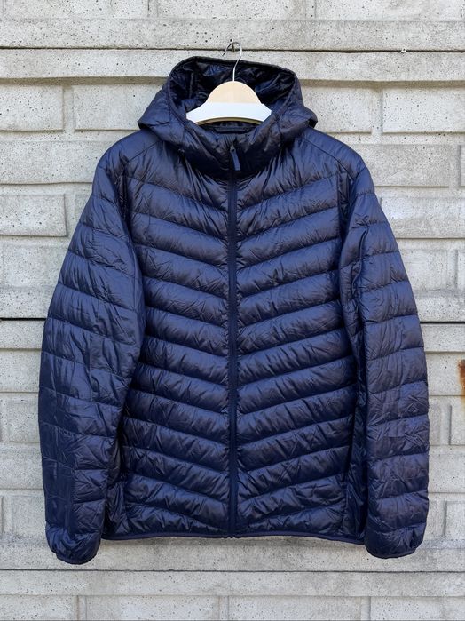 Granatowa, puchowa, pikowana kurtka z kapturem Uniqlo, rozmiar XL