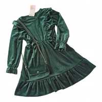 Sukienka welurowa dla dziewczynki zielona nowa 98-104